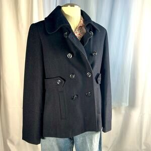 New Nine West navy double breasted wool blend collared button up pea coat 14